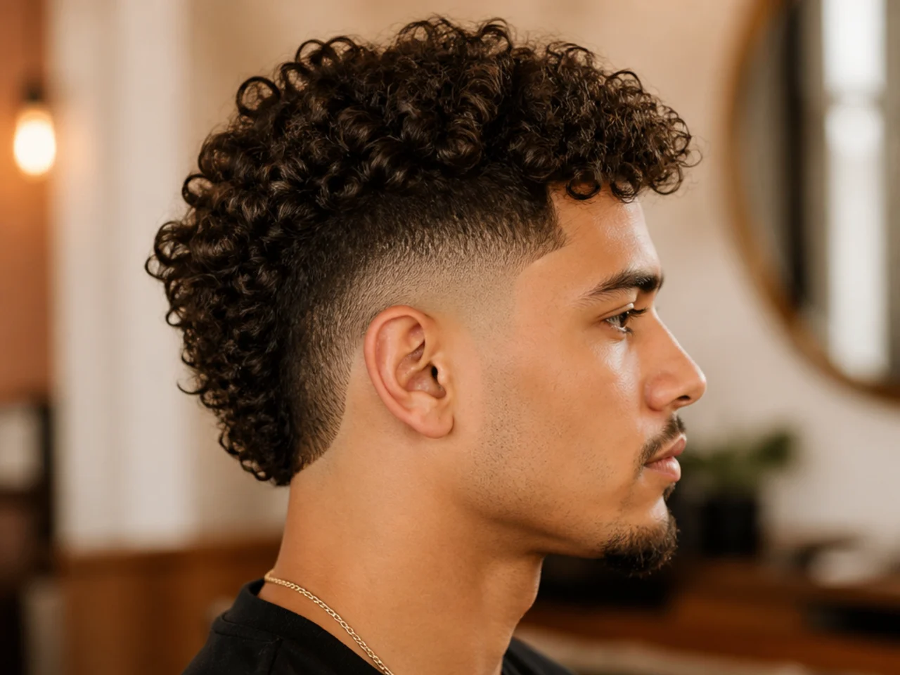Side-profile of a burst fade on curly hair showing the arc around the ear and springy coils on top
