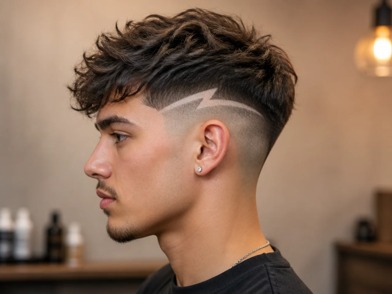 Lightning bolt design shaved into a high burst fade on an Asian college student with straight thick hair