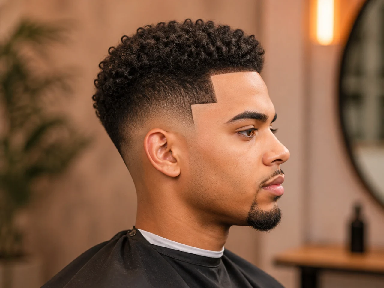 Geometric grid design shaved into a mid burst fade on a young man with straight hair
