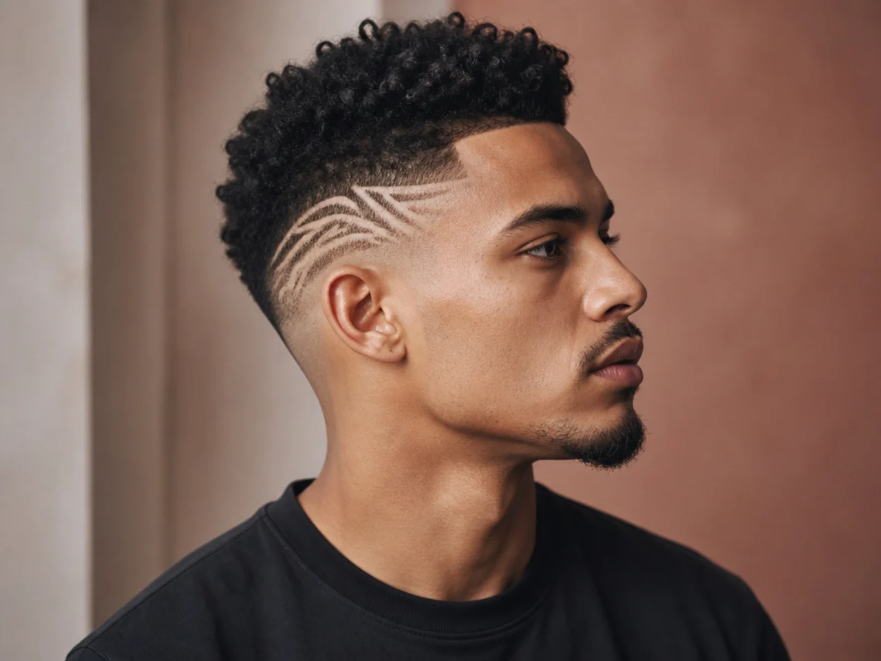 Tribal curved design shaved through a burst fade on a Polynesian man with dense coily hair