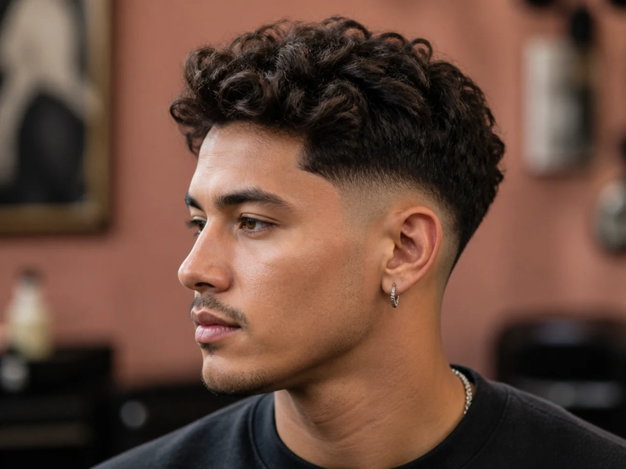 Barber sharpening the outline of a shaved design on a client's burst fade with a straight razor