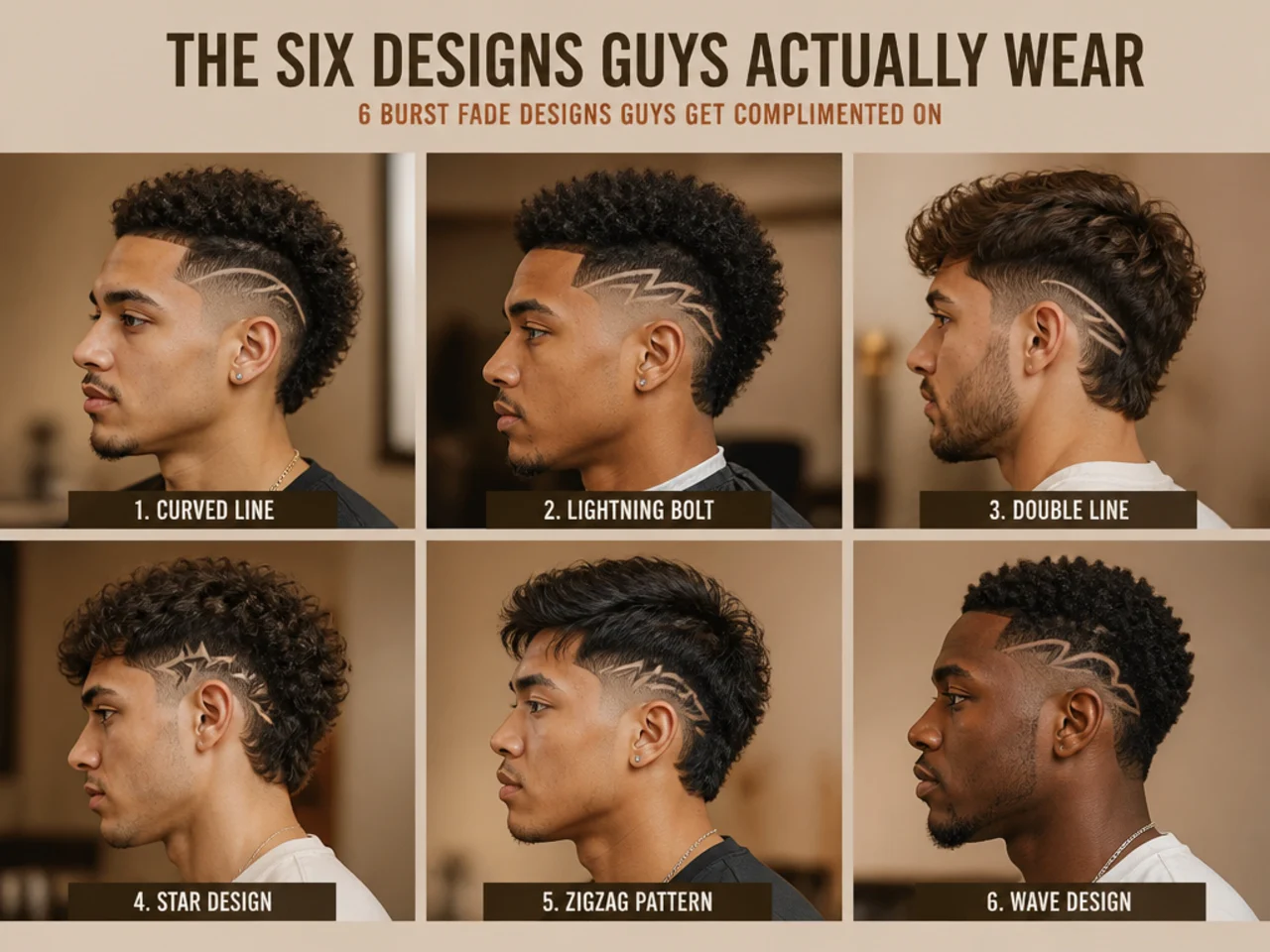 Six burst fade designs shown in a grid — star, lightning, wave lines, script, geometric, tribal