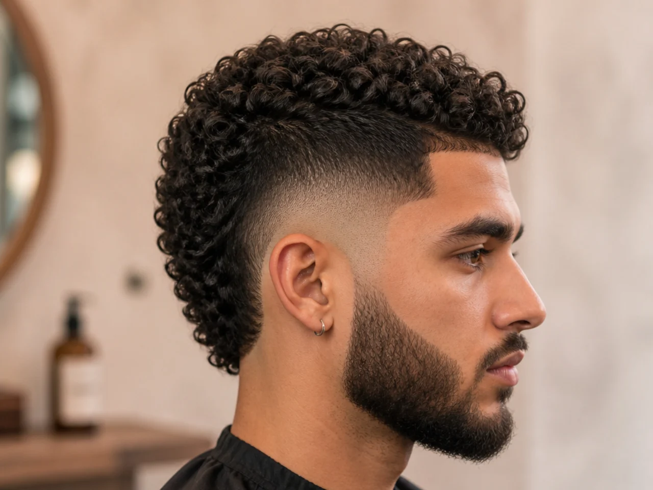 Close side profile of a burst fade with a shaved wave line design behind the ear