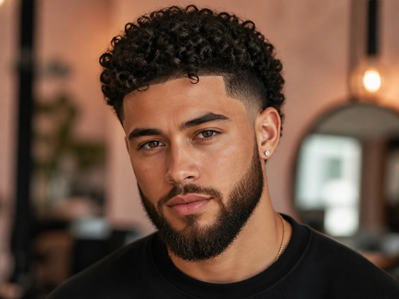 A burst fade on curly hair with a beard