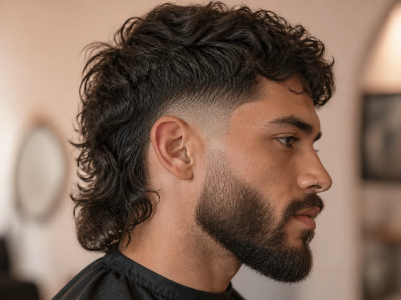 A burst fade mullet with a beard
