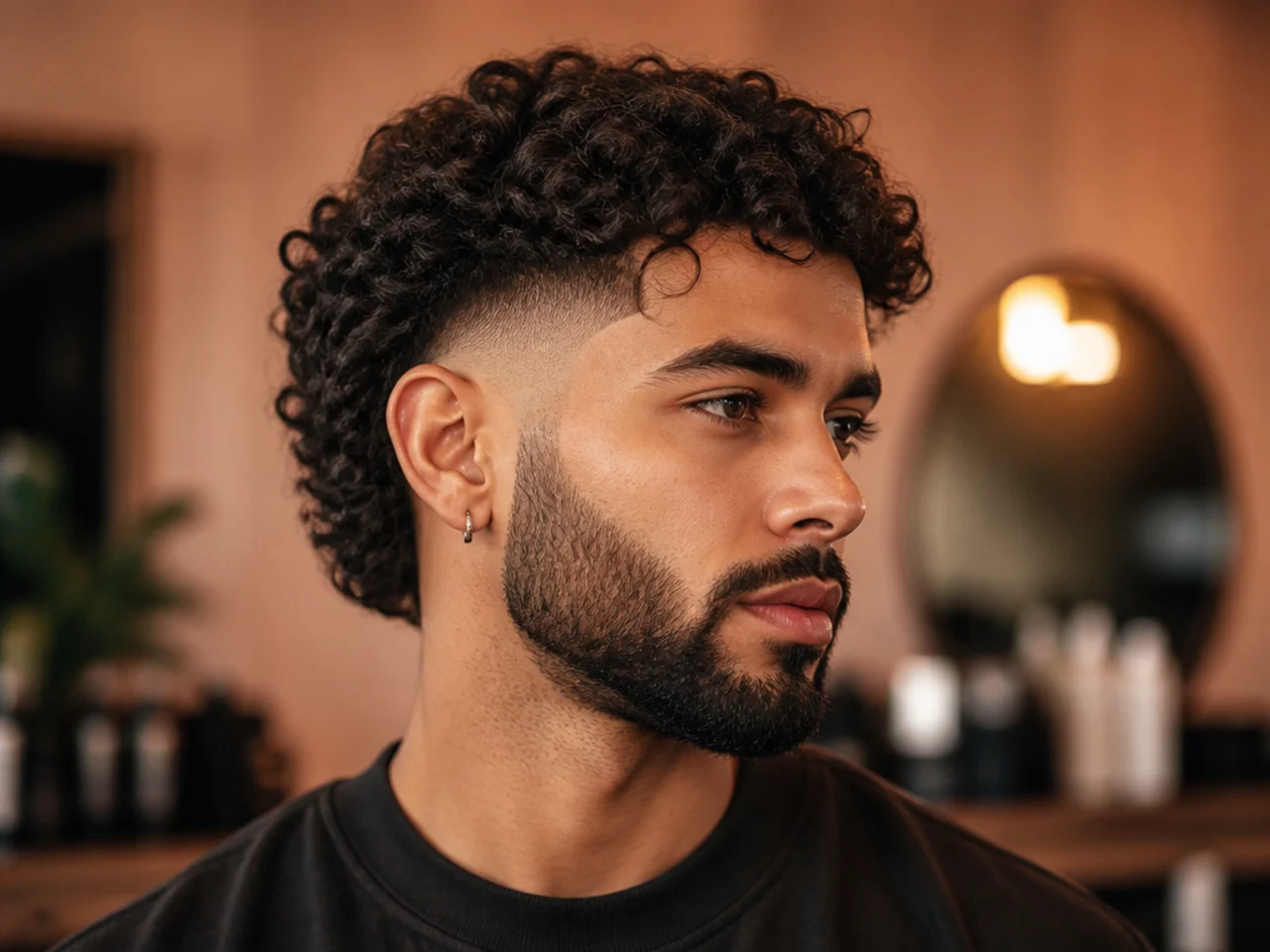 Three-quarter view of a burst fade with a beard