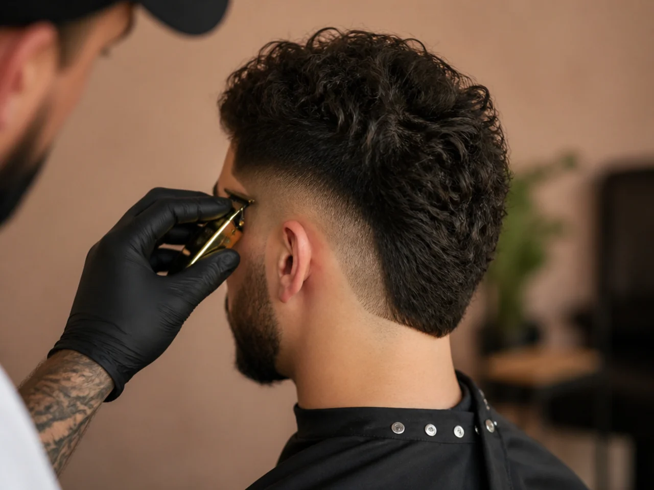 A barber setting the front edge of a burst fade arc