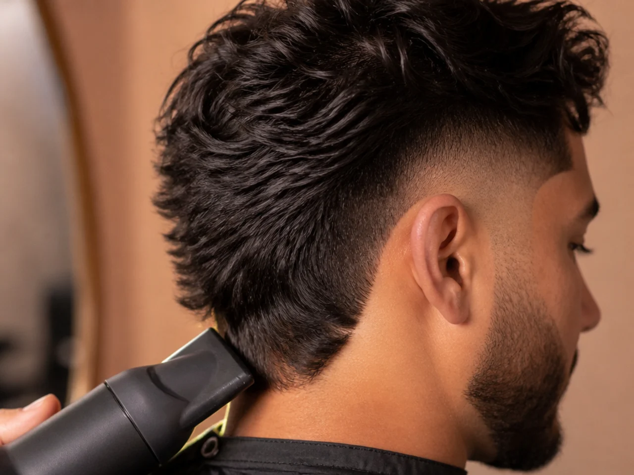 Blow-drying the nape of a burst fade downward