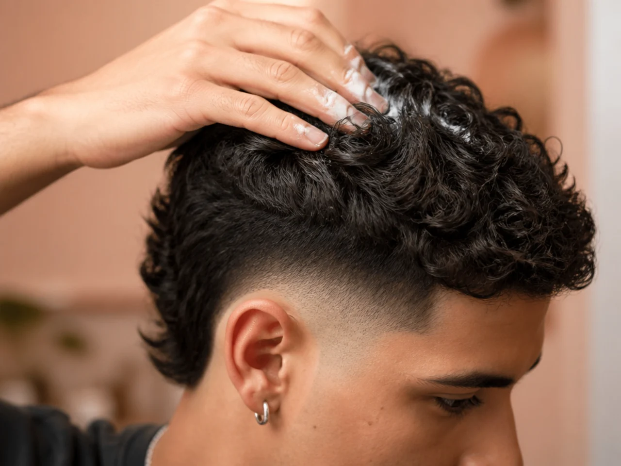 Product being applied to the crown of a burst fade