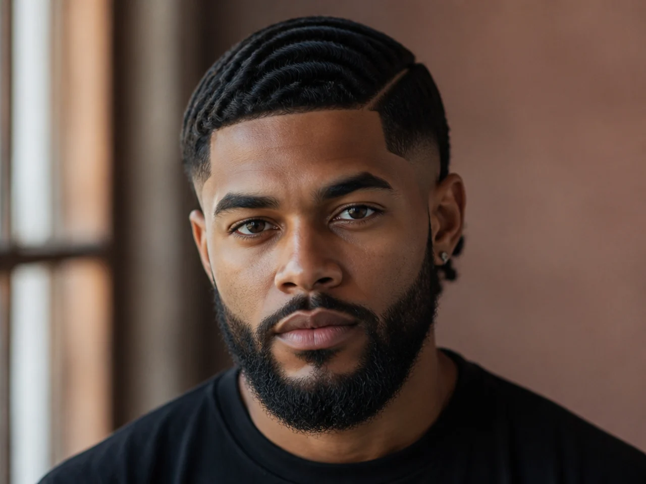 A burst fade with waves and a beard