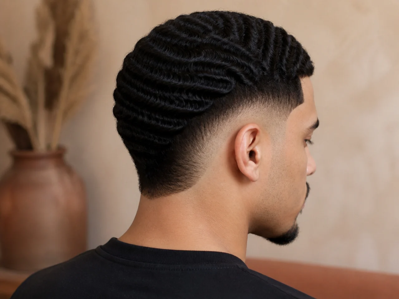 A burst fade with waves on a short top