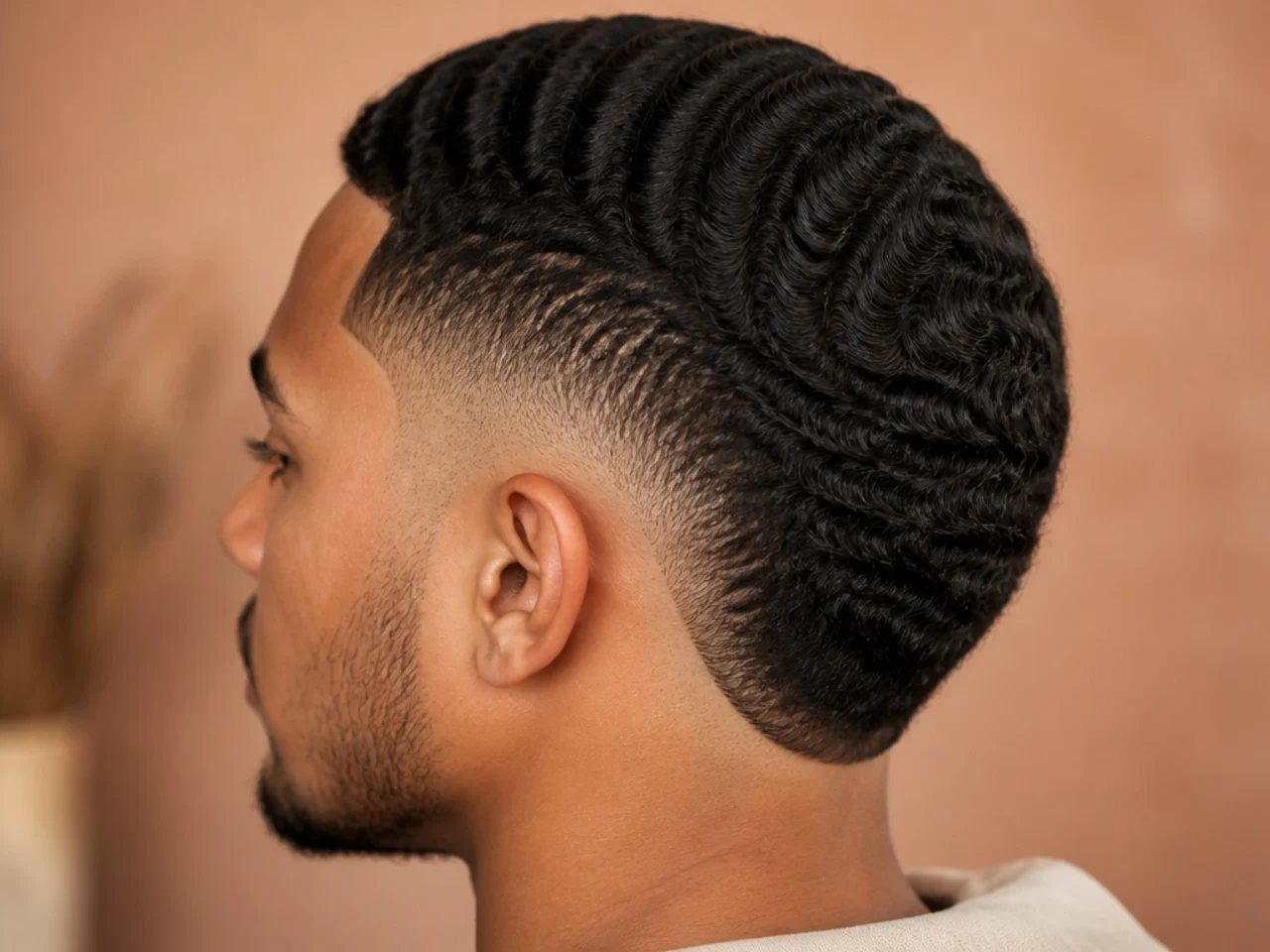 A burst fade with waves and a rounded nape