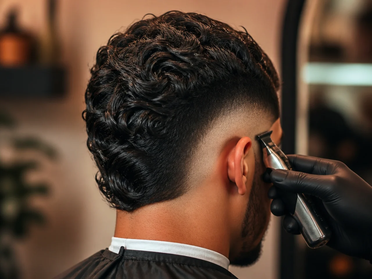 A barber setting the outer edge of a burst arc on wavy hair