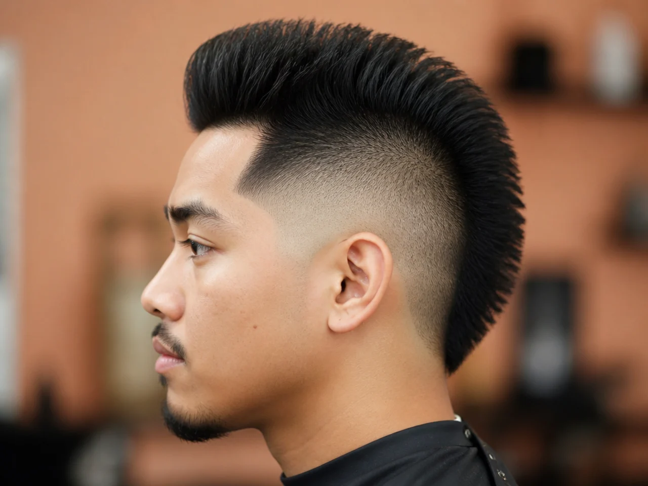 Straight hair burst fade mohawk with a sharp geometric arc and structured central strip