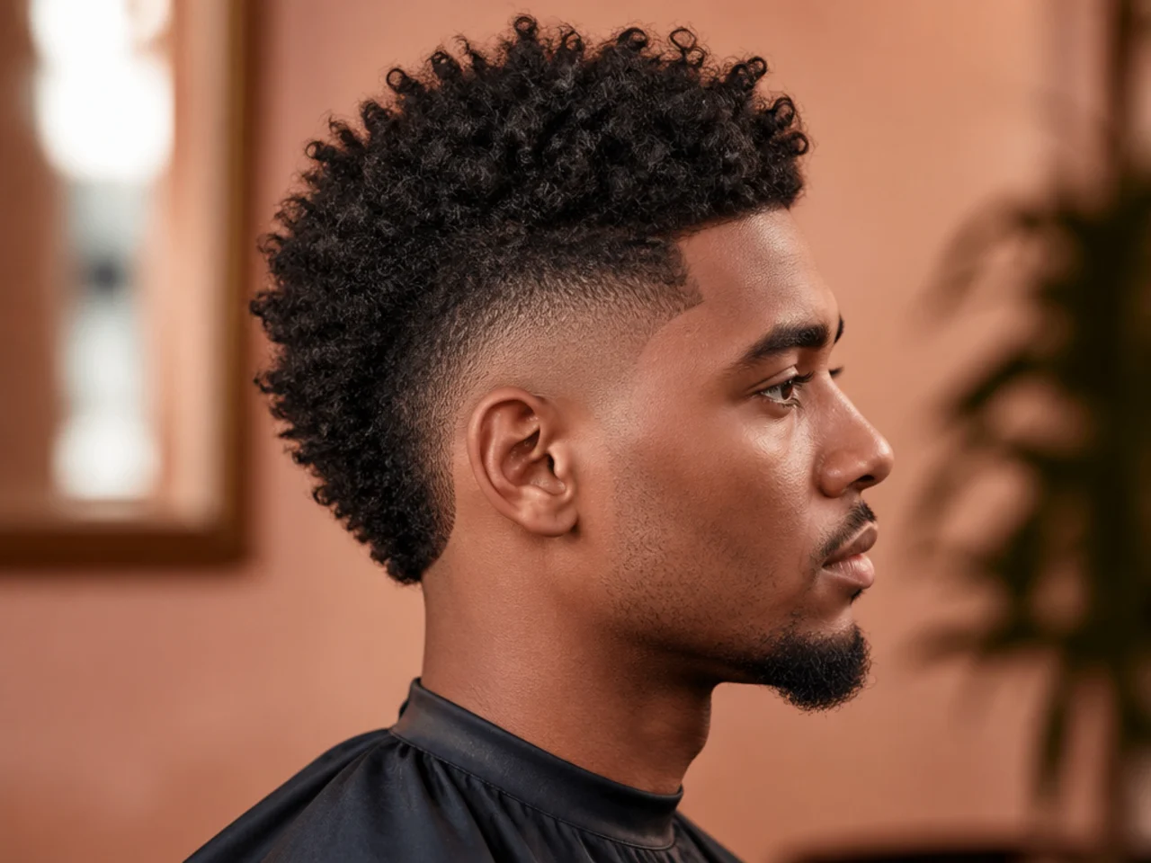 Burst fade mohawk for Black men with skin bursts and a coily central strip