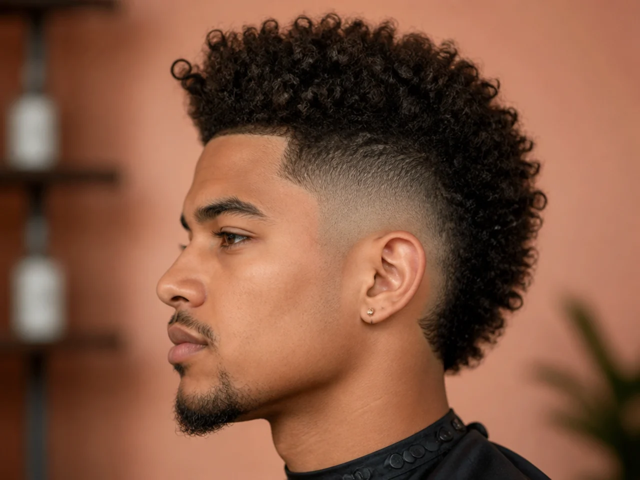 Burst fade frohawk with a tall afro strip and skin bursts on a man
