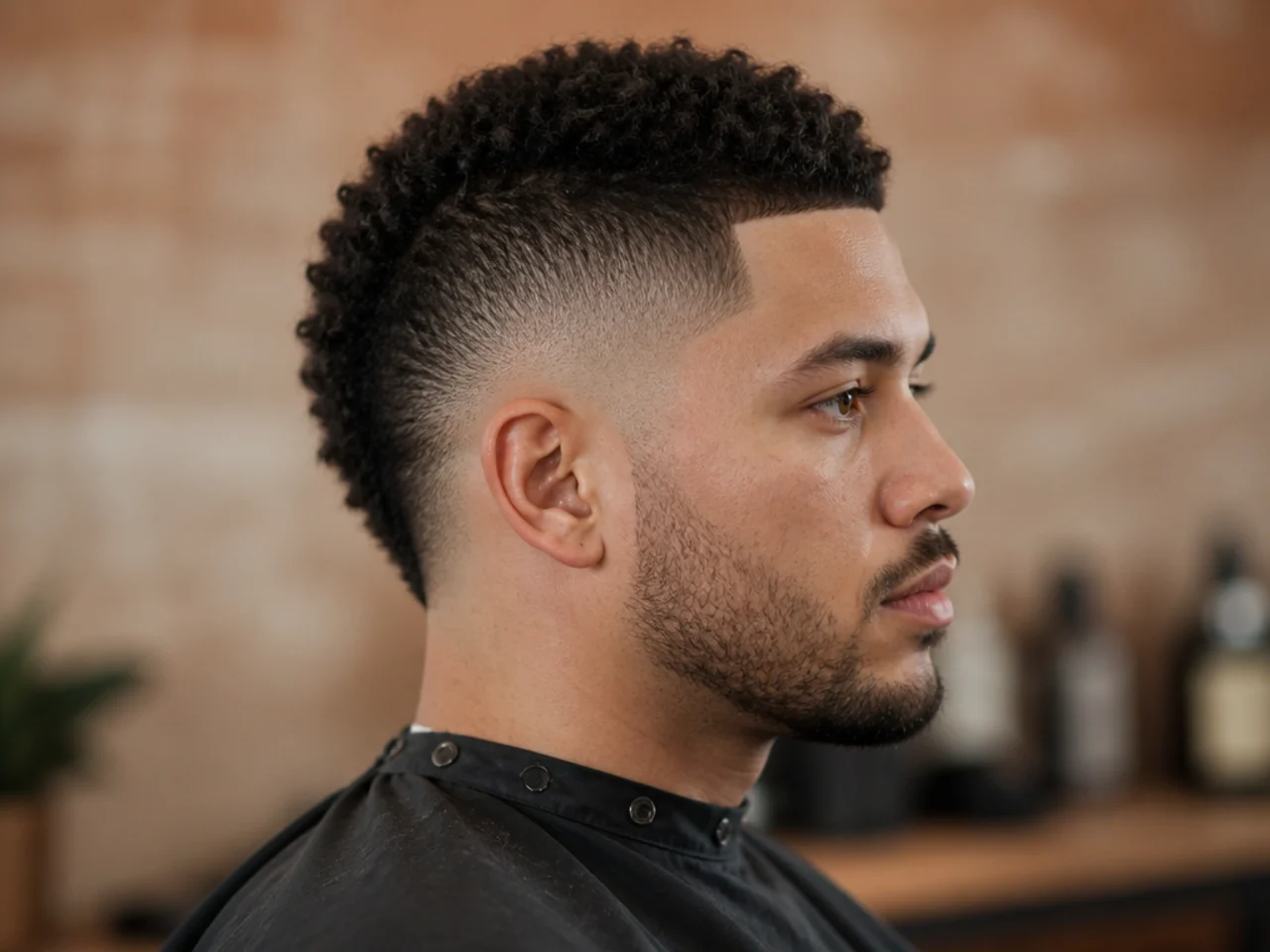 Short burst fade mohawk with a subtle half-inch strip and low arcs