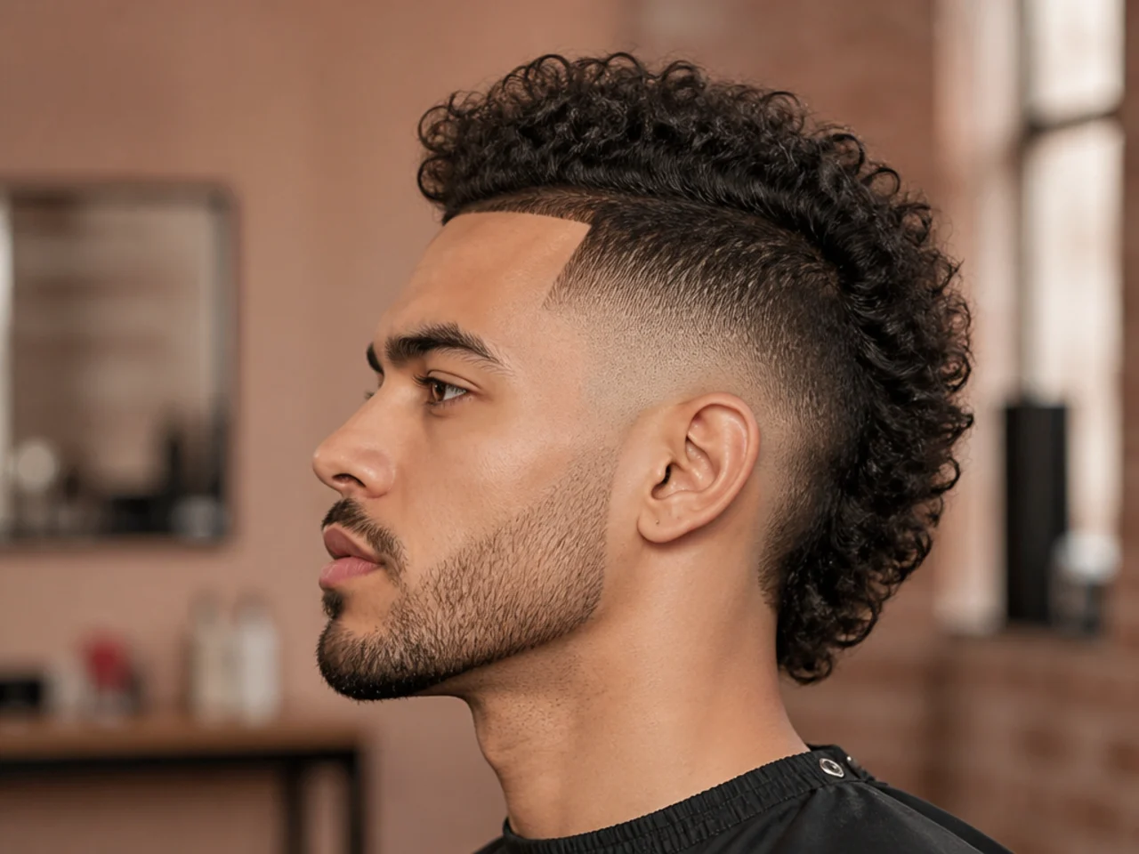 Long strip burst fade mohawk with the center running four inches tall over mid bursts