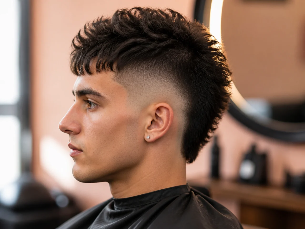 Burst fade mohawk with a textured fringe falling forward over the forehead