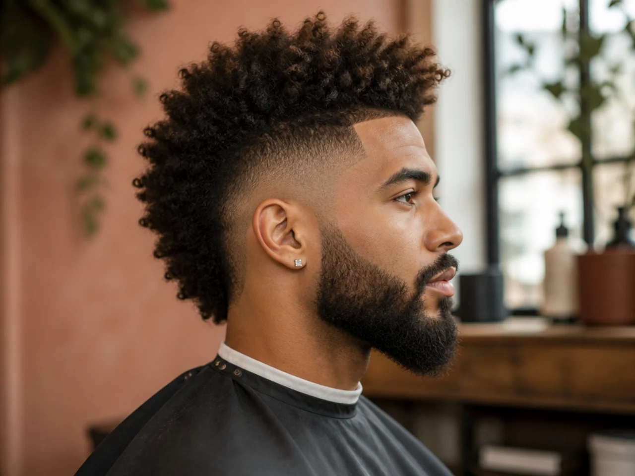 Burst fade mohawk paired with a full beard on a man in his late twenties