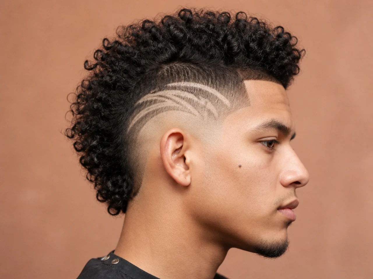 Burst fade mohawk with a shaved line design cut into the arc on both sides