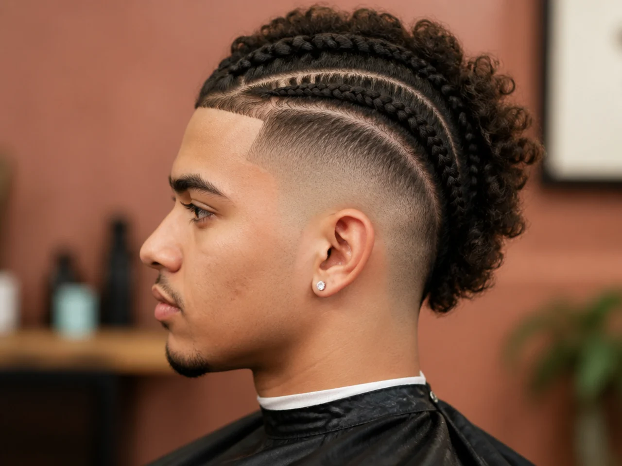 Braided burst fade mohawk with cornrows running down the center strip
