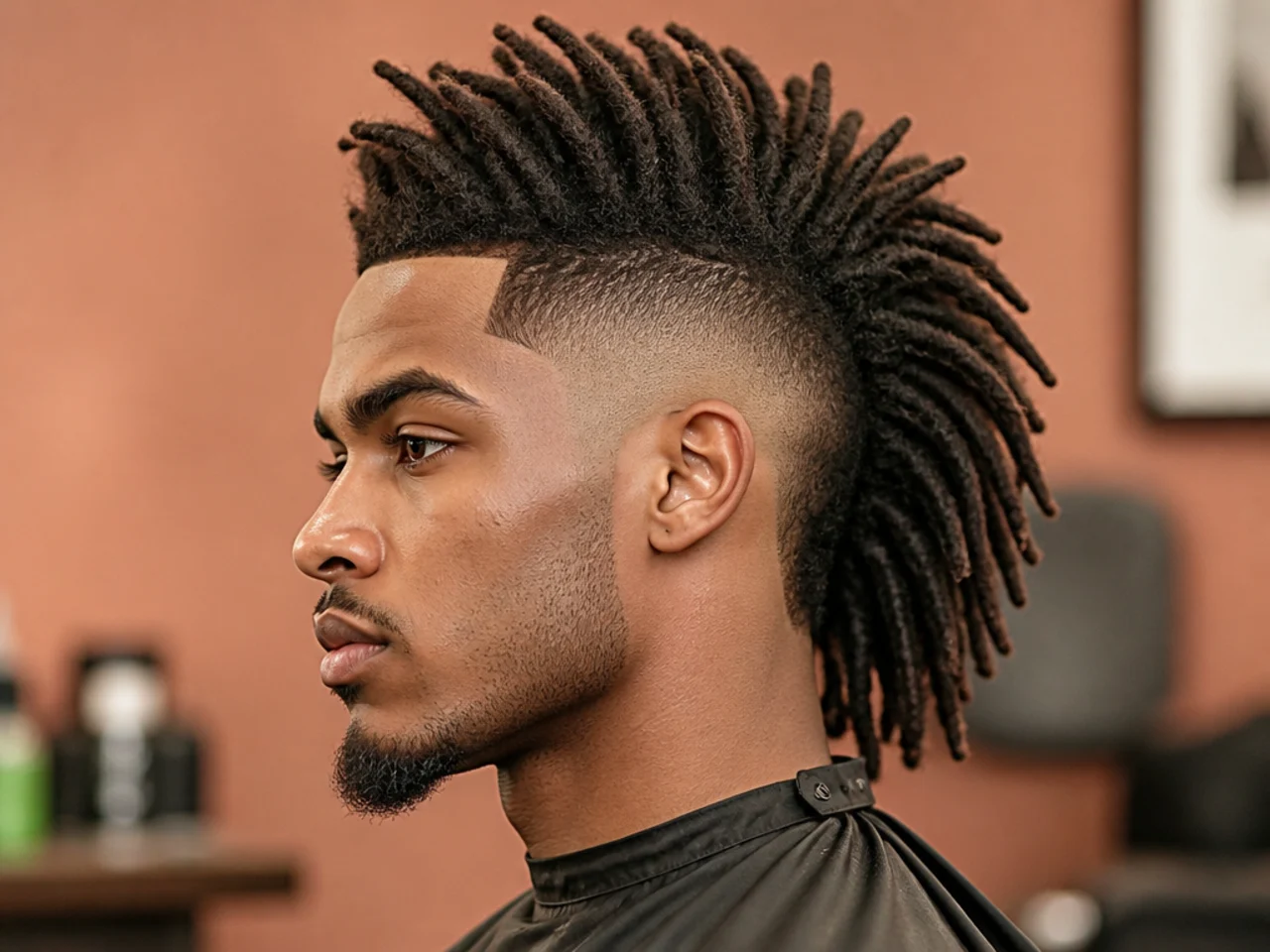 Burst fade mohawk with locs running down the center strip on a young man