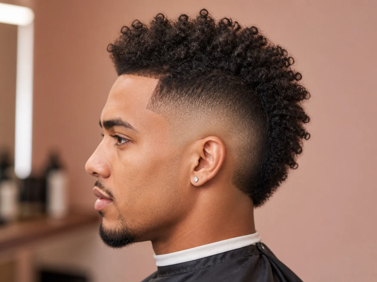 Low burst fade mohawk with a subtle arc and short faux-hawk strip on a man