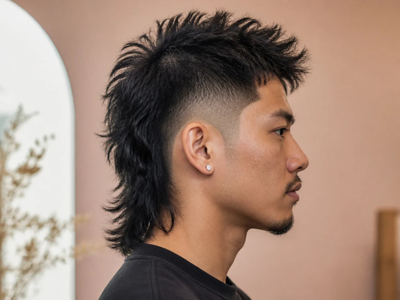 Burst fade mohawk with a mullet back on a young man showing the strip merging into layered length