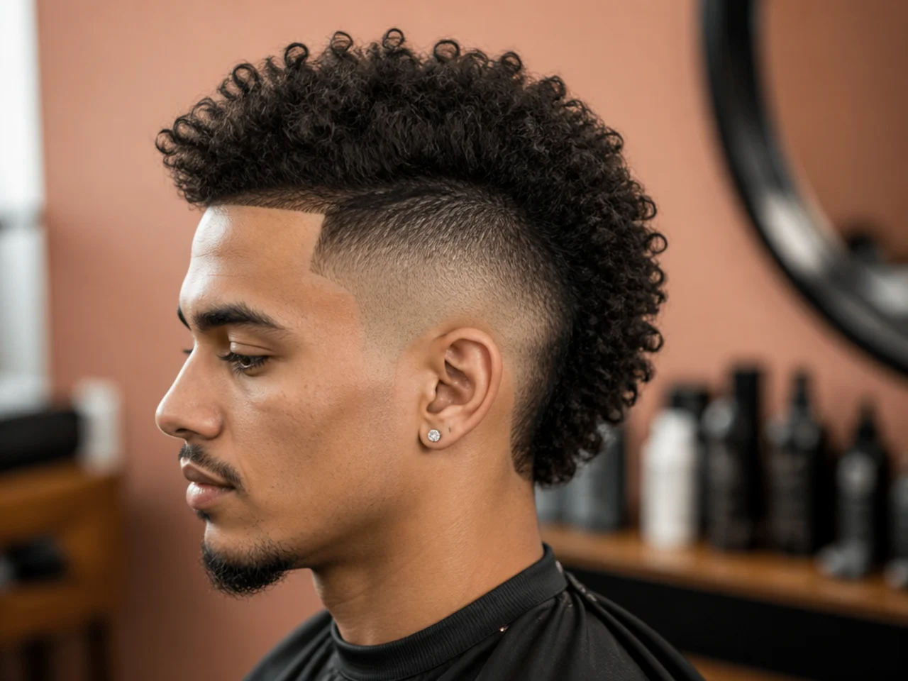 Mid burst fade mohawk with the widest arc at the temple and a three-inch strip