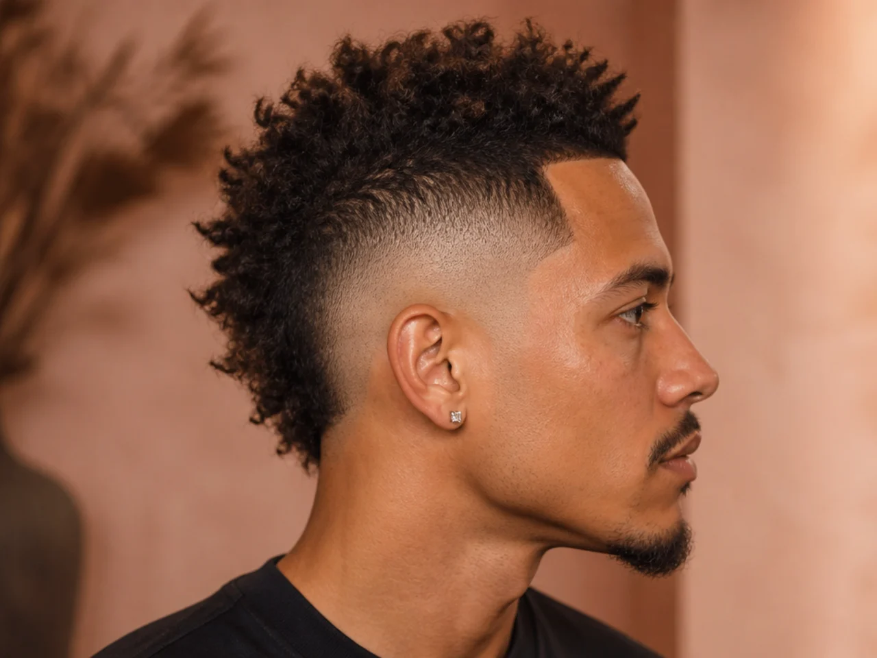 High burst fade mohawk with the arc climbing to the hairline and tall central strip