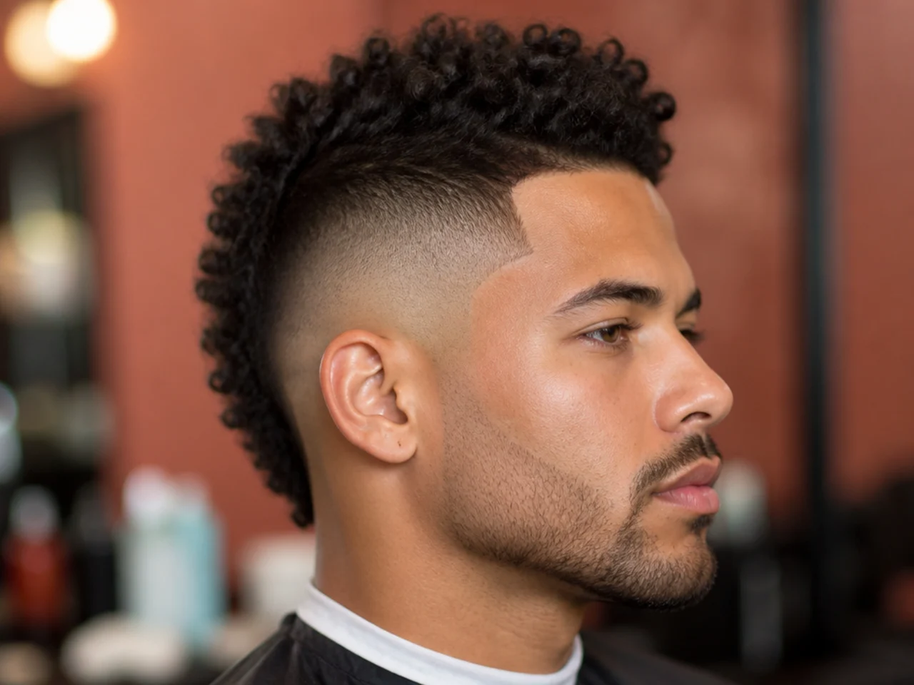 Burst fade faux hawk with connected sides and a soft central lift on a man