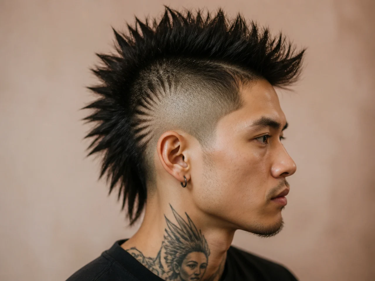 Punk burst fade mohawk with a spiked five-inch strip and skin bursts