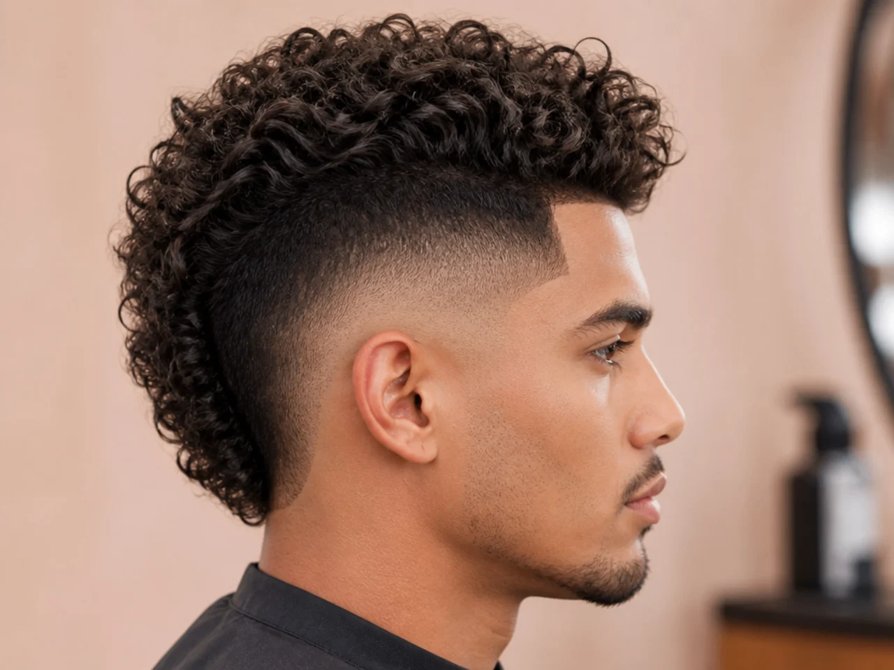 Curly top burst fade mohawk on a man with type 3 curls and a defined arc