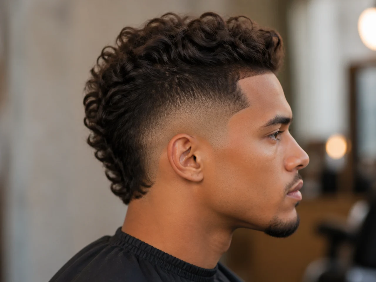 Wavy burst fade mohawk with natural movement through the strip on a man