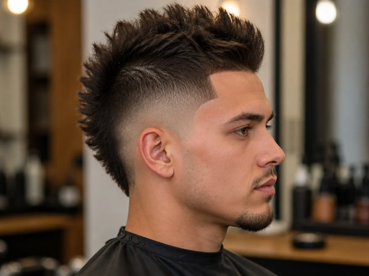 Barber and client discussing a burst fade mohawk reference photo in a modern barbershop