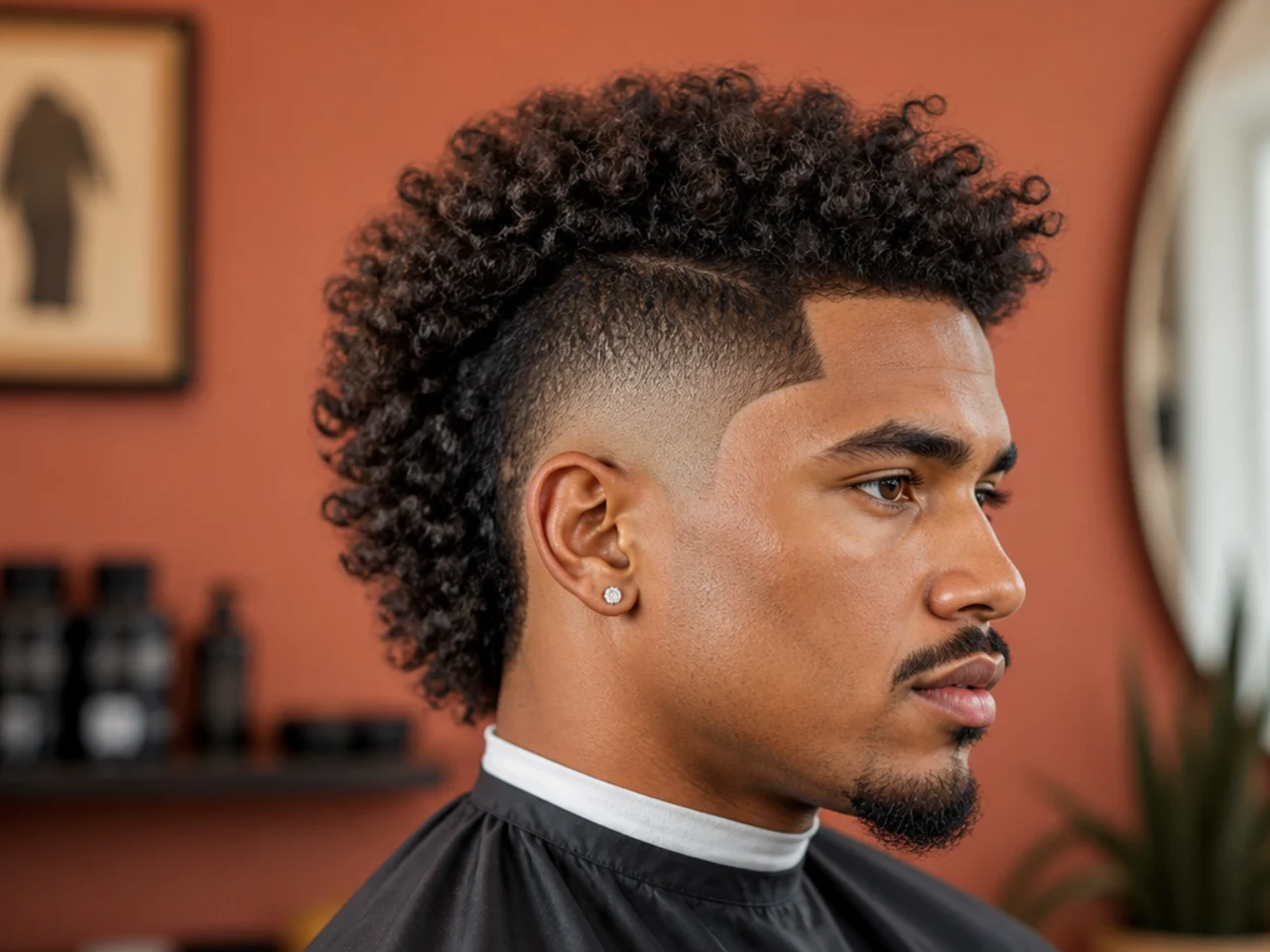 Three men side by side wearing a low, mid, and high burst fade mohawk showing the difference in arc height