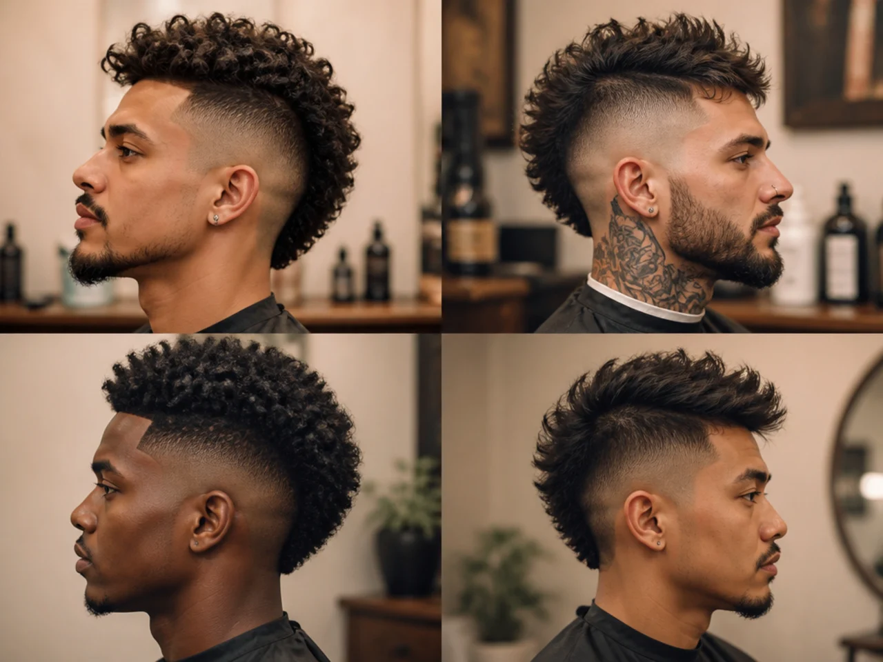 Styling products and tools laid out for a burst fade mohawk routine — clay, spray, blow dryer