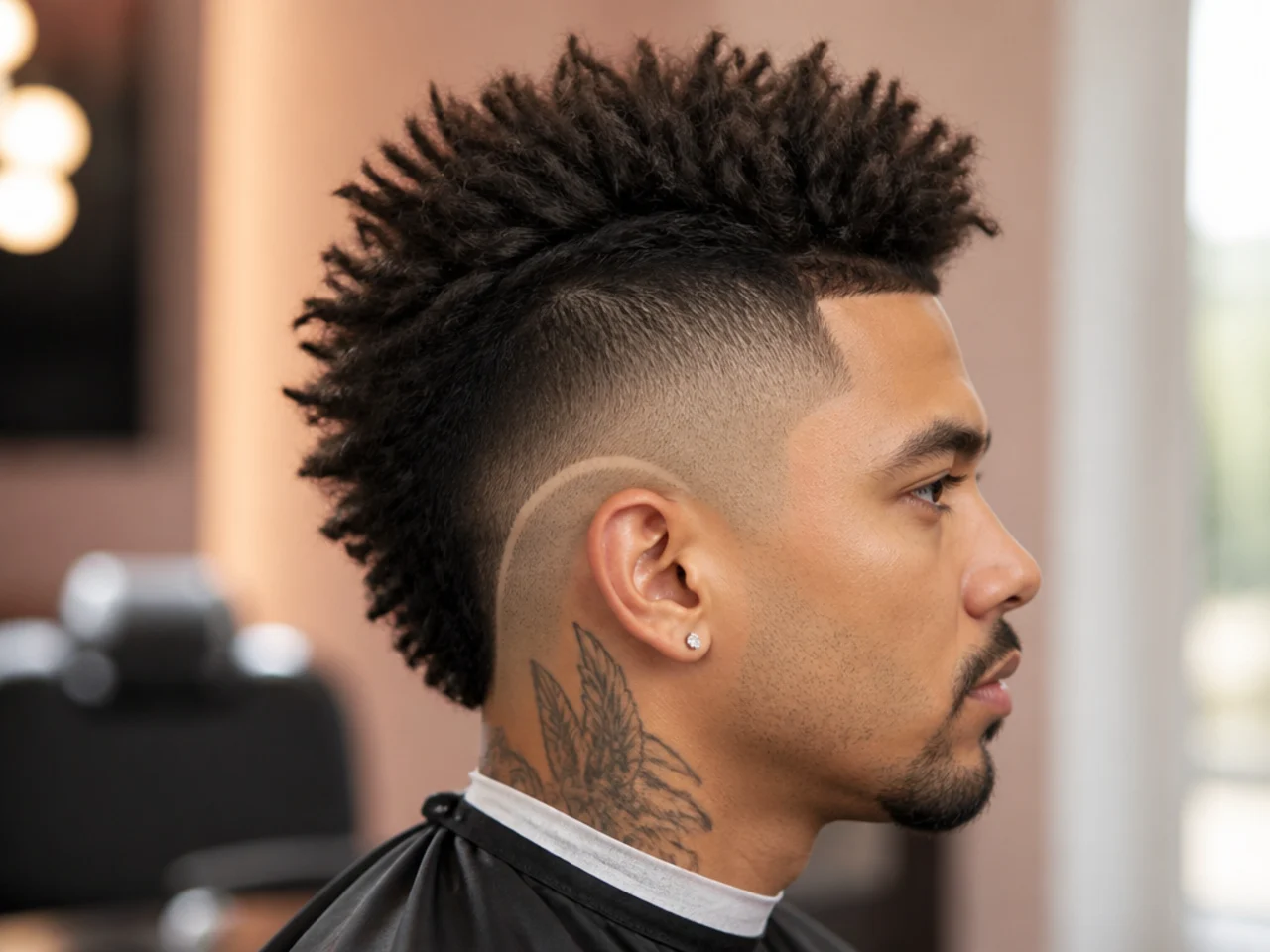 Diagram-style photo of a burst fade mohawk showing the arc around each ear and the mohawk strip on top