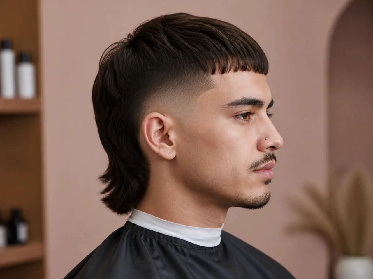 Straight hair burst fade mullet with sharp geometric arc and clean back length