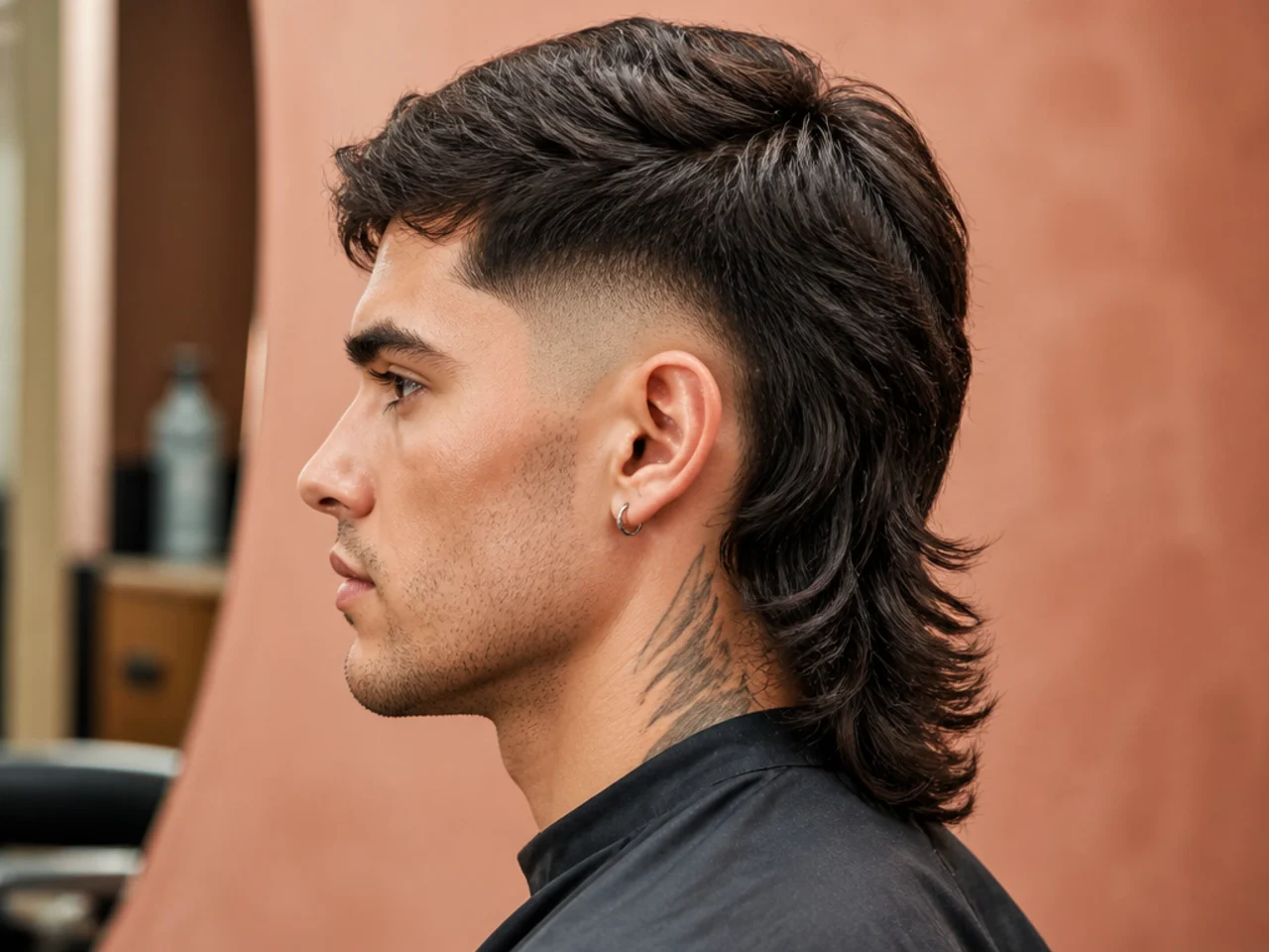 Long back burst fade mullet with the back length reaching past the collar and layered ends