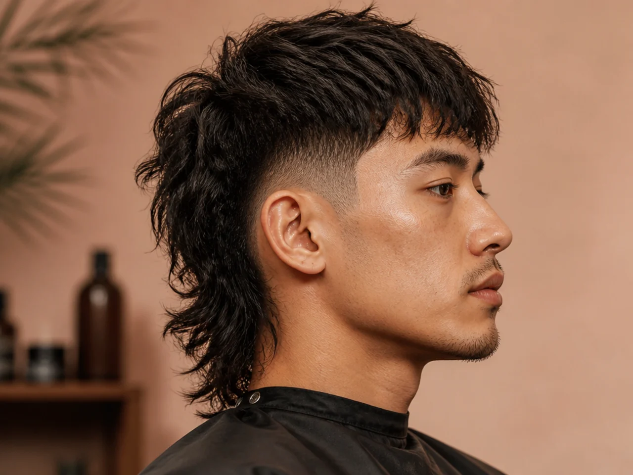 Burst fade mullet with a textured fringe falling over the forehead