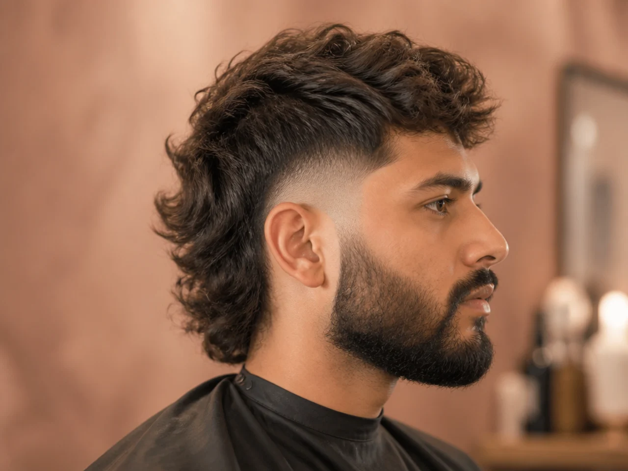 Burst fade mullet paired with a full beard on a man in his late twenties