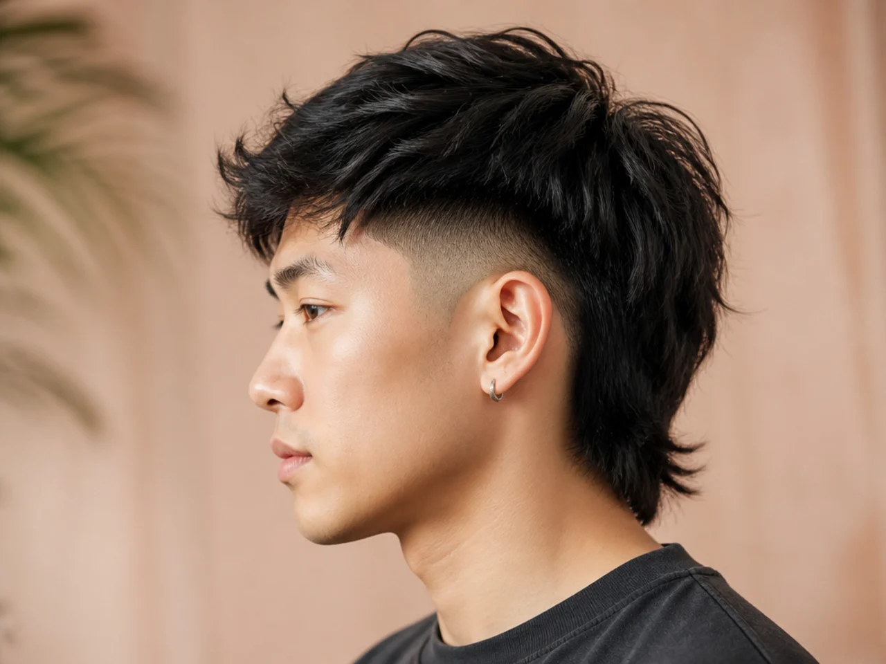 Burst fade mullet on an Asian man with dense straight hair and mid arc