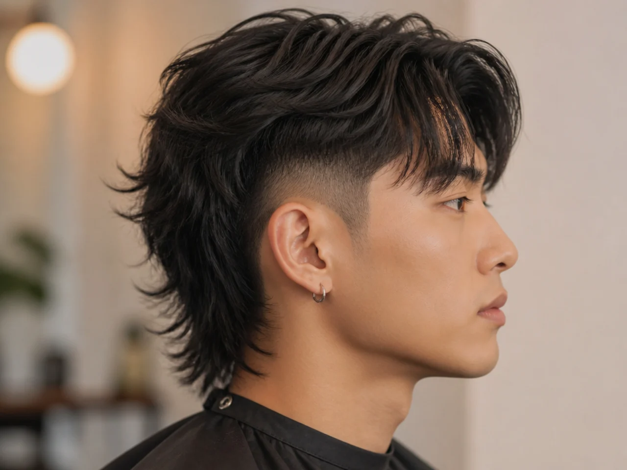 K-pop influenced burst fade mullet with two-block structure and glossy back length