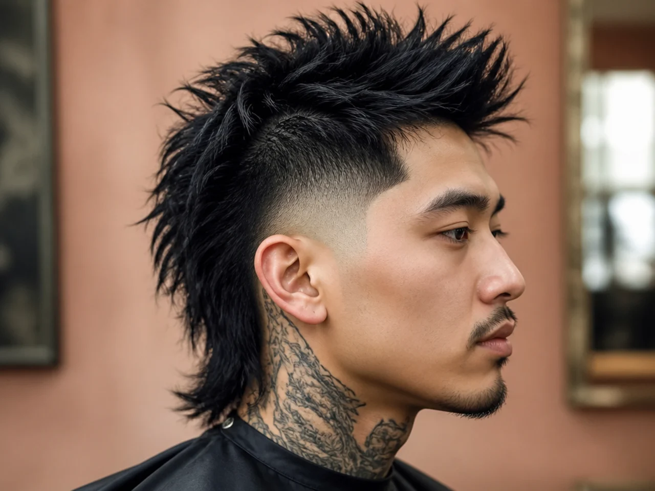 Punk style burst fade mullet with skin arc, spiked top, and asymmetric back