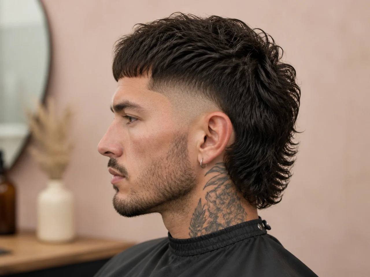 Low burst fade mullet on a man with subtle arc sitting tight to the ear and short back