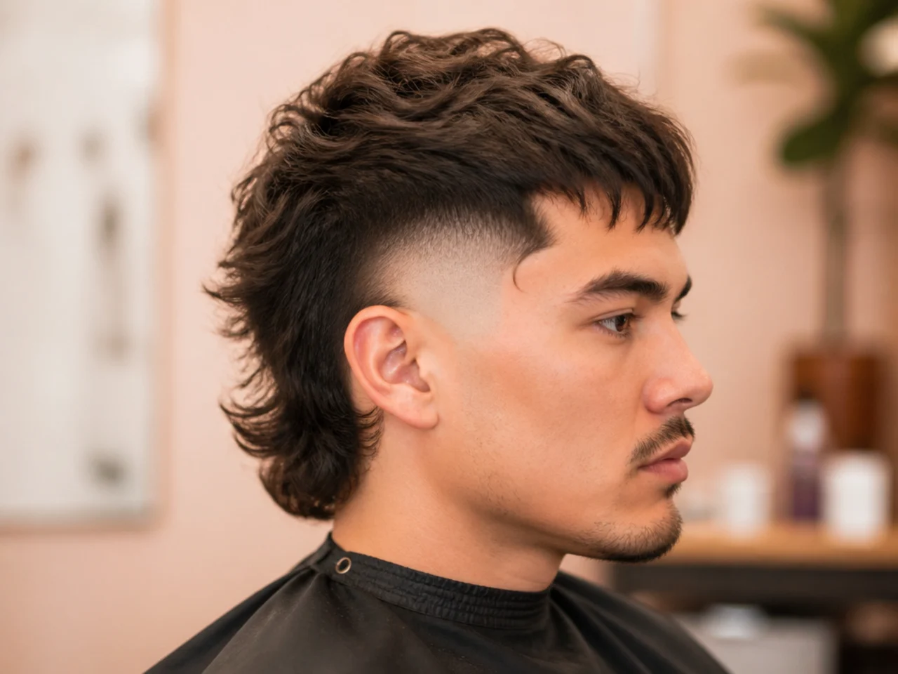 Comma hair burst fade mullet with curled forehead pieces and layered back