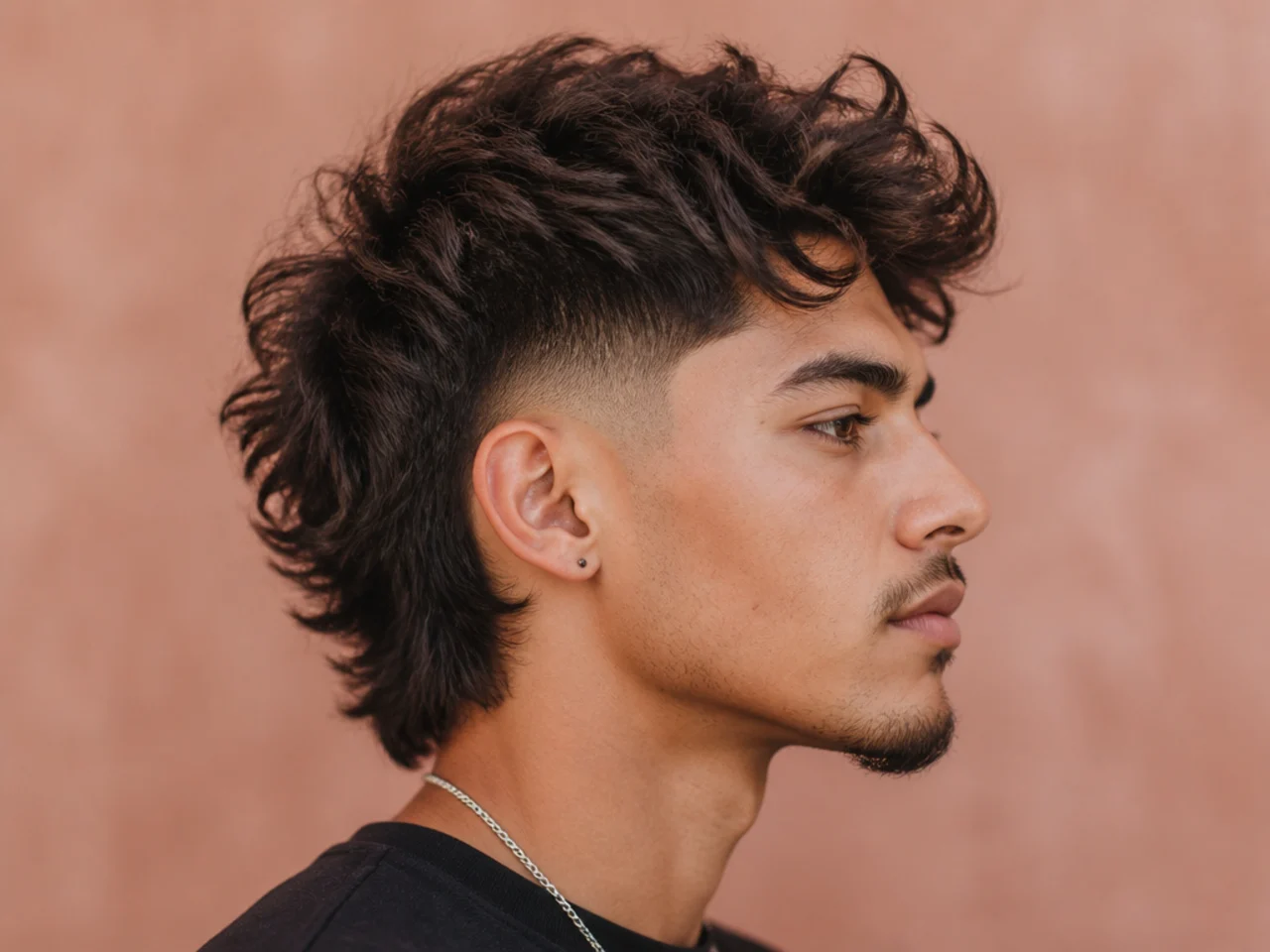 Blowout burst fade mullet with lifted top volume and clean arc