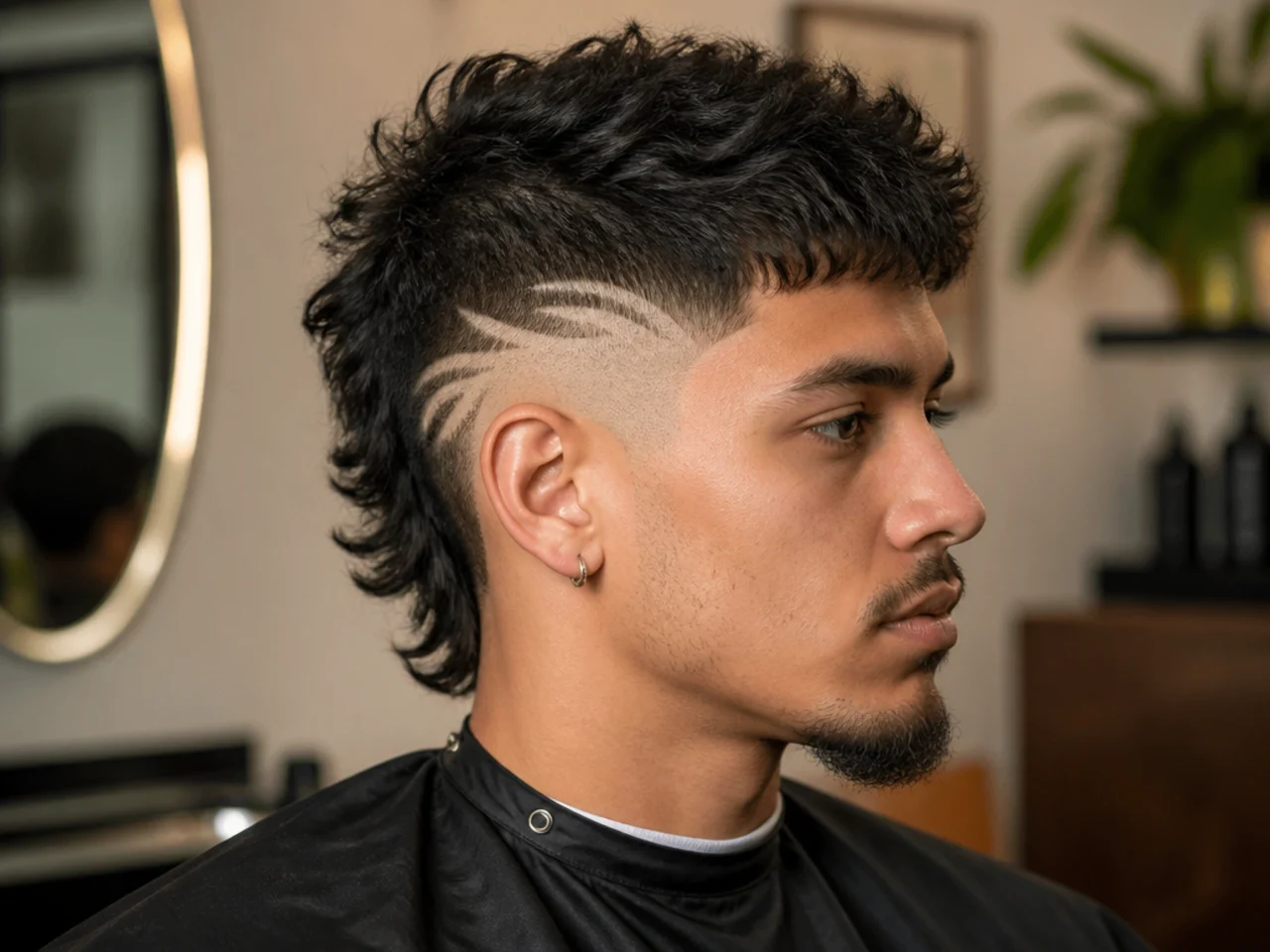 Burst fade mullet with a shaved line design cut into the arc